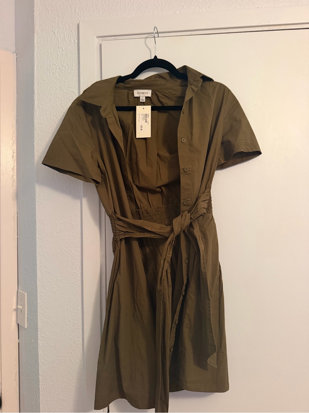 Evereve Olive Green Button-Front Shirt Dress with Tie Waist